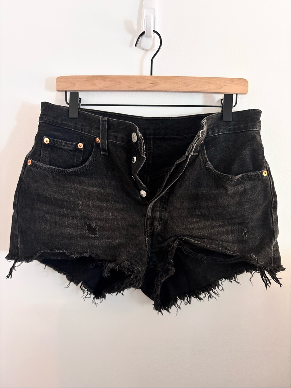 Levi’s 501 Black Distressed Denim Cutoff Shorts